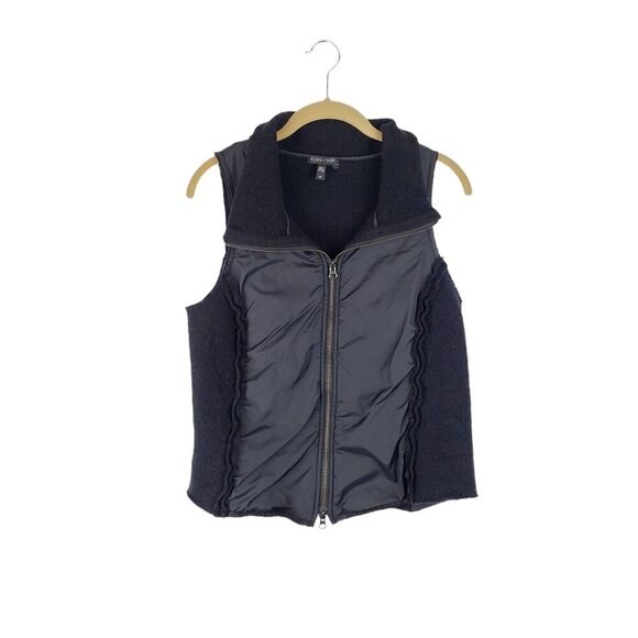 Eileen Fisher Boiled Wool Vest Black Ruffle Nylon Trim Full Zip Size Small - Picture 1 of 7